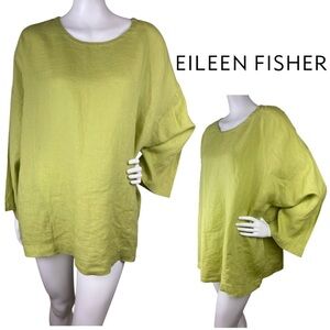 EILEEN FISHER Organic Handkerchief 100% Linen Blouse 3/4 Sleeves Pockets Size XL
